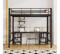 Flieks Lit superposé 90x200cm avec bureau et étagère, lit surélevé avec échelle, lit d'enfant avec sommier à lattes et protection contre les chutes, lit simple superposé noir