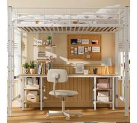 Flieks Lit superposé 90x200cm avec bureau et étagère, lit surélevé avec échelle, lit d'enfant avec sommier à lattes et protection contre les chutes, lit simple superposé blanc