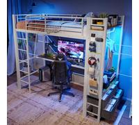 Flieks Lit superposé 90x200cm avec bureau et fonction de chargement, lit surélevé pour adolescents avec Led, lit d'enfant en métal avec barre de penderie et tiroirs