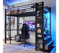 Flieks Lit superposé 90x200cm avec bureau et fonction de chargement, lit surélevé pour adolescents avec Led, lit d'enfant en métal avec barre de penderie et tiroirs