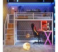 Flieks Lit superposé 90x200cm avec bureau et LED, lit surélevé pour adolescents avec tringle à vêtements et compartiment de rangement, lit d'enfant simple lit superposé, blanc