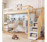 Flieks Lit superposé 90x200cm avec bureau & étagère, lit surélevé avec LED & armoire, lit d'enfant lit d'adolescent avec tiroirs, lit superposé lit simple couleur bois