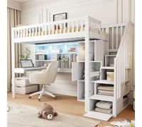 Flieks Lit superposé 90x200cm avec bureau & étagère, lit surélevé avec LED & armoire, lit d'enfant lit d'adolescent avec tiroirs, lit superposé lit simple blanc