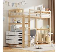 Flieks Lit superposé 90x200cm avec commode, lit surélevé avec protection contre la chute, lit d'enfant avec échelle et étagère, lit simple superposé avec sommier à lattes, couleur bois