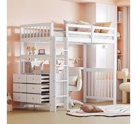 Flieks Lit superposé 90x200cm avec commode, lit surélevé avec protection contre la chute, lit d'enfant avec échelle et rangement, lit simple superposé avec sommier à lattes, blanc
