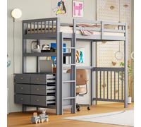 Flieks Lit superposé 90x200cm avec commode, lit surélevé avec protection contre la chute, lit d'enfant avec échelle et rangement, lit simple superposé avec sommier à lattes, gris
