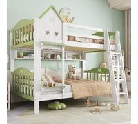 Flieks Lit superposé 90x200cm avec compartiment de rangement, lit d'enfant lit de maison avec fenêtre, lit surélevé avec échelle, lit en bois lit simple lit superposé 2 enfants, blanc