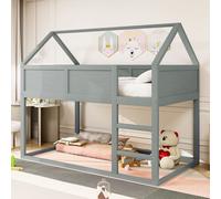 Flieks Lit superposé 90x200cm avec échelle, lit surélevé avec sommier à lattes, lit d'enfant lit de maison avec protection contre les chutes, lit simple en bois, gris