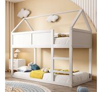 Flieks Lit superposé 90x200cm avec échelle, lit surélevé avec sommier à lattes, lit d'enfant lit de maison avec protection contre les chutes, lit simple en bois, blanc