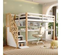 Flieks Lit superposé 90x200cm avec escalier, lit surélevé avec bureau et bibliothèque, lit d'enfant avec protection contre la chute, lit d'adolescent avec sommier à lattes, lit simple en bois massif,