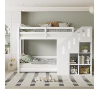 Flieks Lit superposé 90x200cm avec escalier, lit surélevé pour 2 enfants, lit d'enfant superposé avec étagère, lit simple en bois massif pour enfants avec sommier à lattes, blanc