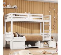Flieks Lit superposé 90x200cm avec étagère à chaussures et casiers, lit surélevé avec protection antichute et échelle, lit d'enfant en bois massif lit simple, blanc