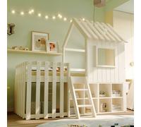 Flieks Lit superposé 90x200cm avec étagère, lit d'enfant lit de maison avec protection antichute, lit surélevé simple avec échelle, lit superposé en bois, blanc