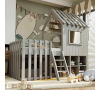 Flieks Lit superposé 90x200cm avec étagère, lit d'enfant lit de maison avec protection antichute, lit surélevé simple avec échelle, lit superposé en bois, gris