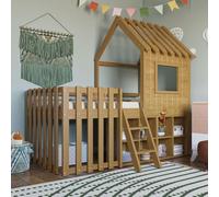 Flieks Lit superposé 90x200cm avec étagère, lit d'enfant lit de maison avec protection contre la chute, lit surélevé simple avec échelle, lit superposé en bois, naturel