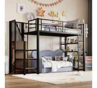 Flieks Lit superposé 90x200cm avec étagère, Lit d'enfant surélevé avec escalier et tringle à vêtements, Lit d'adolescent simple avec protection contre les chutes et sommier à lattes