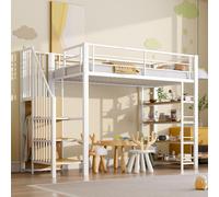 Flieks Lit superposé 90x200cm avec étagère, lit d'enfant surélevé avec escalier et tringle à vêtements, lit d'adolescent simple avec protection contre les chutes et sommier à lattes, blanc