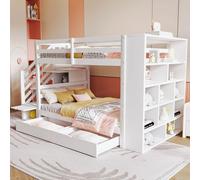 Flieks Lit superposé 90x200cm avec étagère, lit surélevé avec 2 tiroirs, lit d'enfant avec protection contre les chutes et sommier à lattes, lit superposé simple lit en bois, blanc
