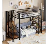 Flieks Lit superposé 90x200cm avec étagères, Lit surélevé en métal avec penderie, Lit d'enfant simple avec sommier à lattes & pare-chute, Noir