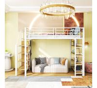 Flieks Lit superposé 90x200cm avec étagères, Lit surélevé en métal avec penderie, Lit d'enfant simple avec sommier à lattes & antichute, Blanc
