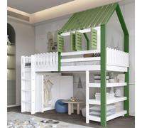 Flieks Lit superposé 90x200cm avec fenêtres commutables, Lit d'enfant avec armoire & étagères, Lit surélevé avec sommier à lattes & protection contre les chutes, blanc
