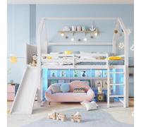 Flieks Lit superposé 90x200cm avec Led, Lit d'enfant avec toboggan et rangements, Lit surélevé en bois avec étagère et échelle, Lit superposé simple, Blanc