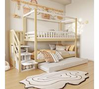 Flieks Lit superposé 90x200cm avec lit gigogne, lit d'enfant lit de maison avec escalier de rangement, lit superposé avec protection contre les chutes, lit simple Naturel