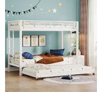 Flieks Lit superposé 90x200cm avec lit gigogne, lit métallique pour enfants avec barreaux et protection contre les chutes, lit superposé lit simple, blanc