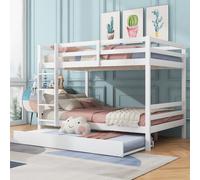 Flieks Lit superposé 90x200cm avec lit gigogne, lit superposé pour 2 enfants, lit d'enfant avec protection contre la chute et sommier à lattes, lit simple en bois, blanc