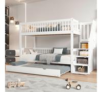 Flieks Lit superposé 90x200cm avec lit gigogne, lit surélevé avec escalier de rangement, lit d'enfant avec protection contre les chutes et sommier à lattes, lit superposé en bois, blanc