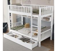 Flieks Lit superposé 90x200cm avec protection contre la chute, lit d'enfant avec 2 tiroirs, lit surélevé avec sommier à lattes, lit superposé en bois avec échelle, lit simple blanc