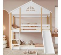 Flieks Lit superposé 90x200cm avec protection contre la chute, lit d'enfant avec toboggan et échelle, lit surélevé avec sommier à lattes, lit de maison simple lit en bois massif