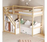 Flieks Lit superposé 90x200cm avec protection contre la chute, lit superposé avec escalier avec tringle à vêtements et étagères, lit d'enfant simple avec sommier à lattes, naturel