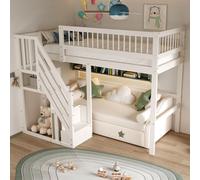 Flieks Lit superposé 90x200cm avec protection contre la chute, lit superposé avec escalier avec tringle à vêtements et étagères, lit d'enfant simple avec sommier à lattes, blanc
