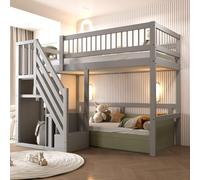 Flieks Lit superposé 90x200cm avec protection contre la chute, lit superposé avec escalier avec tringle à vêtements et étagères, lit d'enfant simple avec sommier à lattes, gris