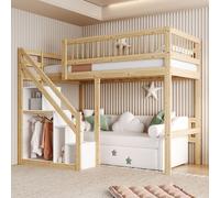 Flieks Lit superposé 90x200cm avec protection contre la chute, lit superposé avec escalier avec tringle à vêtements et étagères, lit d'enfant simple avec sommier à lattes, naturel