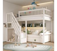 Flieks Lit superposé 90x200cm avec protection contre la chute, lit superposé avec escalier avec tringle à vêtements et étagères, lit d'enfant simple avec sommier à lattes, blanc