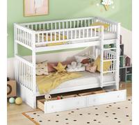 Flieks Lit superposé 90x200cm avec protection contre les chutes, lit d'enfant avec échelle et sommier à lattes, lit surélevé avec 2 tiroirs, lit pour adolescents lit simple lit superposé lit en bois m