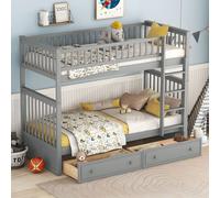 Flieks Lit superposé 90x200cm avec protection contre les chutes, lit d'enfant avec échelle et sommier à lattes, lit surélevé avec 2 tiroirs, lit d'adolescent lit simple lit superposé lit en bois massi