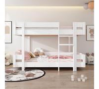 Flieks Lit superposé 90x200cm avec protection contre les chutes, lit d'enfant avec sommier à lattes, lit surélevé avec échelle pour 2 enfants, lit superposé en bois, blanc