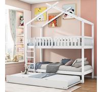 Flieks Lit superposé 90x200cm avec sommier à lattes, lit surélevé avec échelle, lit d'enfant lit de maison avec sommier, lit coulissant lit gigogne pin 3 couchages, blanc