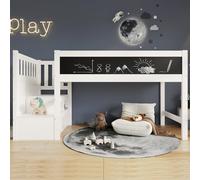 Flieks Lit superposé 90x200cm avec tableau, Lit d'enfant surélevé avec escalier de rangement, Lit d'enfant en bois massif Lit simple avec sommier à lattes, Blanc