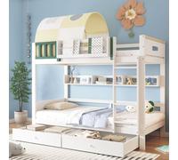 Flieks Lit superposé 90x200cm avec tente, lit d'enfant lit de maison avec protection contre la chute, lit surélevé avec 2 tiroirs, lit superposé simple pour 2 enfants, blanc