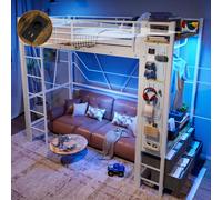 Flieks Lit superposé 90x200cm avec tiroirs et barre de penderie, lit surélevé pour adolescents avec fonction de chargement et Led, lit d'enfant en métal avec planche perforée, blanc