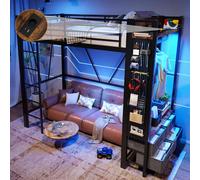 Flieks Lit superposé 90x200cm avec tiroirs et barre de penderie, lit surélevé pour adolescents avec fonction de chargement et Led, lit d'enfant en métal avec planche perforée noir