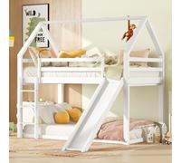 Flieks Lit superposé 90x200cm avec toboggan, lit d'enfant lit de maison avec protection contre la chute, lit surélevé avec échelle, lit en bois lit simple, blanc