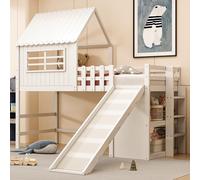Flieks Lit superposé 90x200cm avec toboggan, lit d'enfant lit de maison avec sommier à lattes, lit superposé avec échelle, lit en bois lit simple avec bibliothèque, blanc