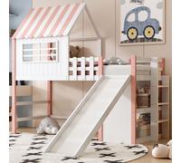 Flieks Lit superposé 90x200cm avec toboggan, lit d'enfant lit de maison avec sommier à lattes, lit superposé avec échelle, lit en bois lit simple avec bibliothèque, rose