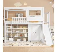 Flieks Lit superposé 90x200cm avec toboggan, lit d'enfant lit de maison surélevé avec bibliothèque et armoire, lit superposé simple pour chambre d'enfant, blanc