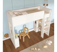 Flieks Lit superposé 90x200cm avec tringle à vêtements et compartiment de rangement, lit surélevé avec échelle, lit d'enfant avec protection contre les chutes et sommier à lattes, lit en bois superpos
